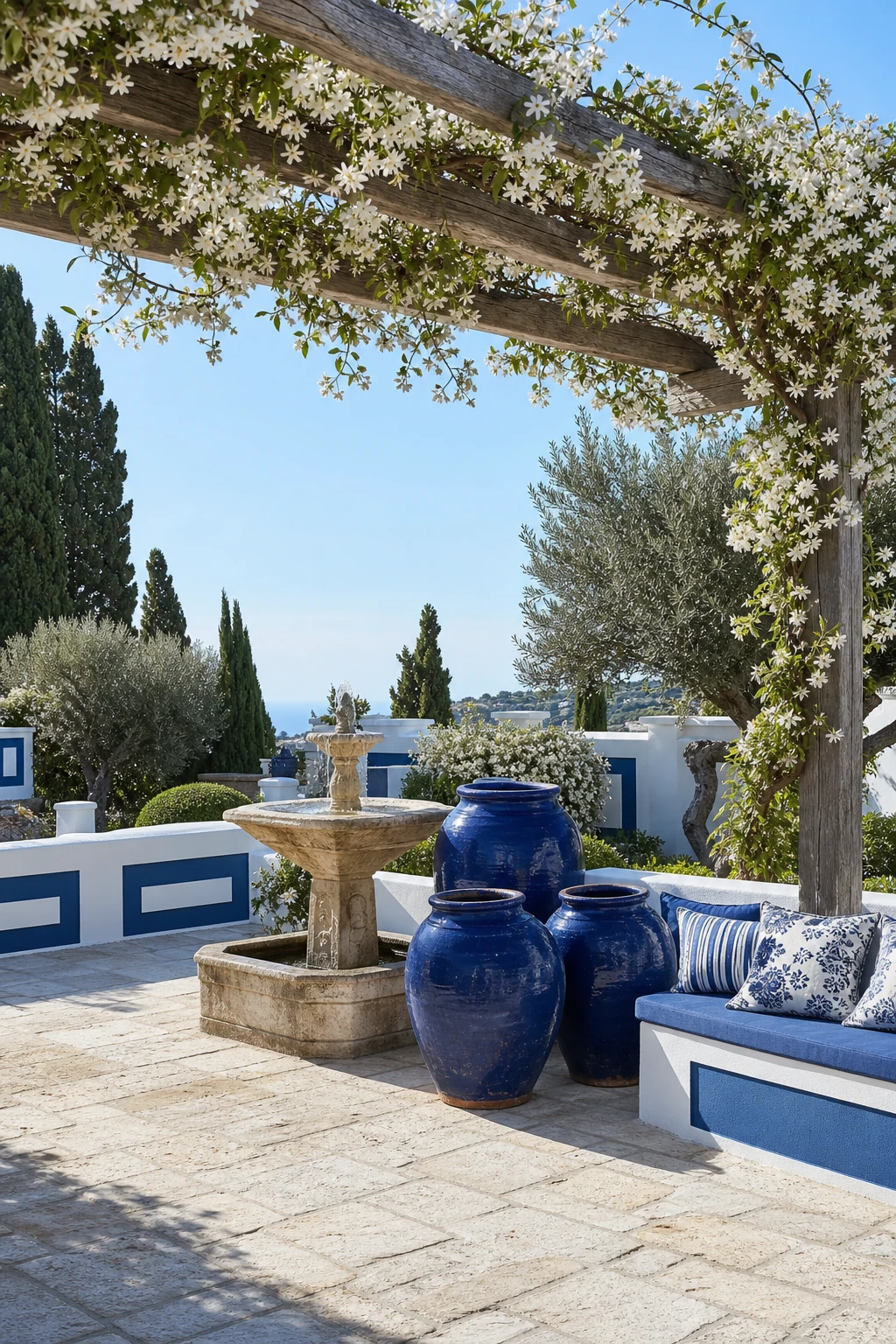 A Mediterranean Greek style garden with blue and white as the hero, featuring whitewashed walls, cobalt painted pots, a timber pergola and terracotta floor tiles in bright midday sun.