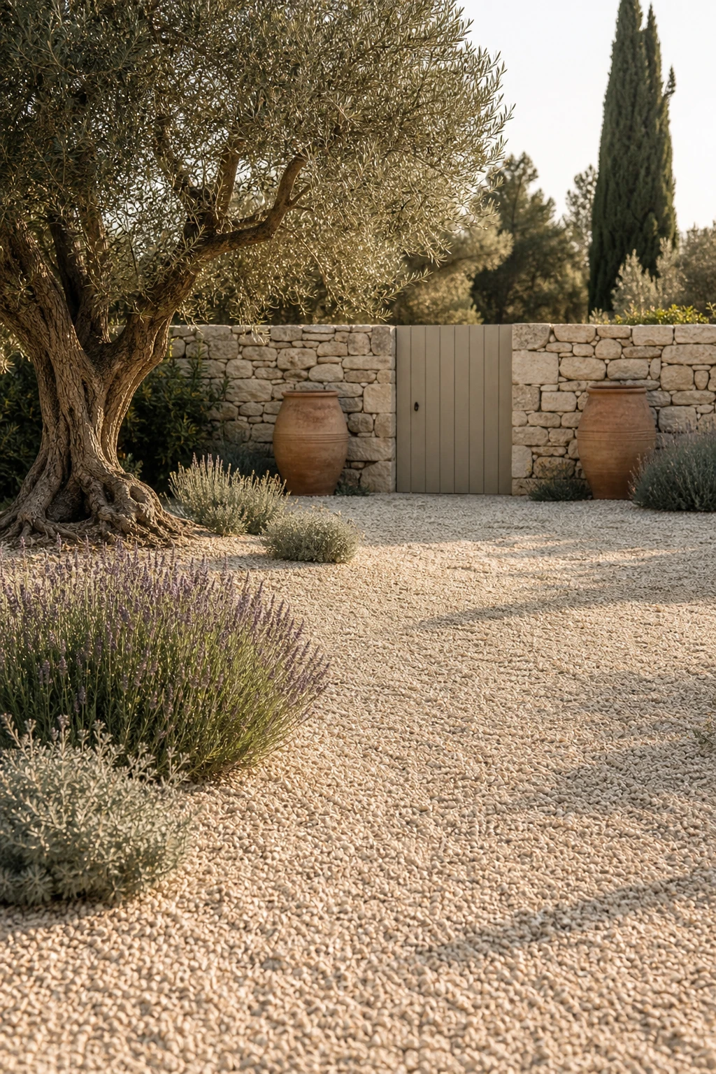A Mediterranean Greek style garden with gravel ground as the hero, terracotta urns, olive tree, low stone wall, and Farrow & Ball Stony Ground painted gate