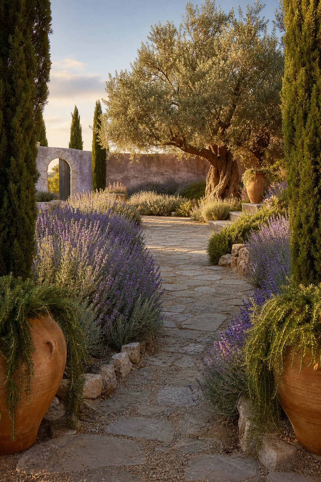 A Mediterranean Greek style garden with sweeping lavender borders lining a sun warmed stone path, evoking fragrant summer in soft purple and silver tones