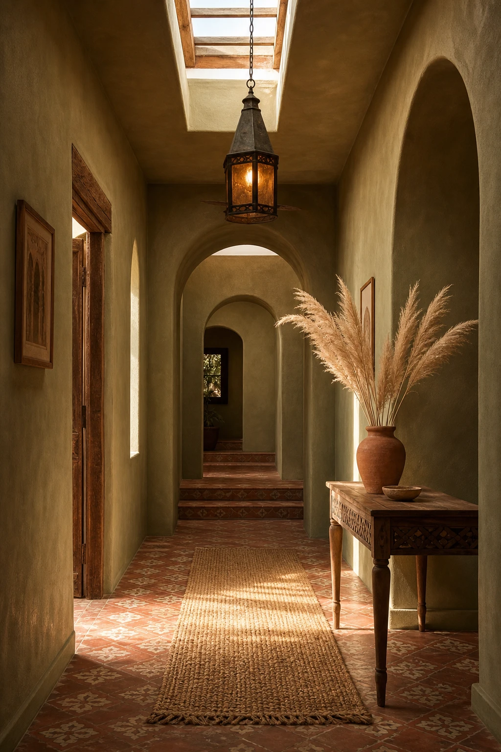 A Mediterranean hallway with earthy ochre and terracotta tones, arched plaster walls painted in Farrow and Ball Menagerie, handmade tiles and woven accents