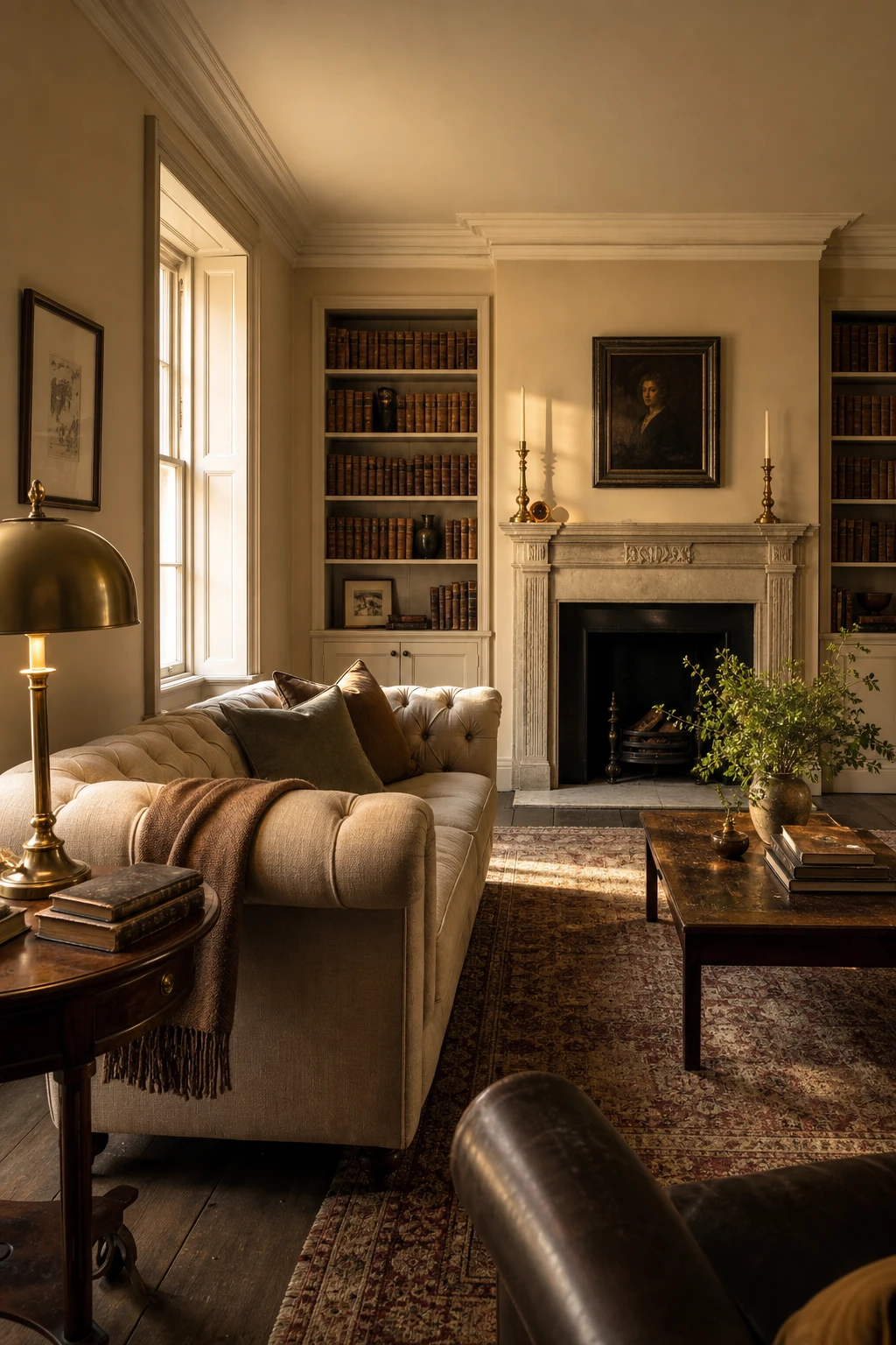 A modern English sitting room with Old English color palette walls in Farrow and Ball Tallow warm cream paint, historical pigment richness visible in layered natural light