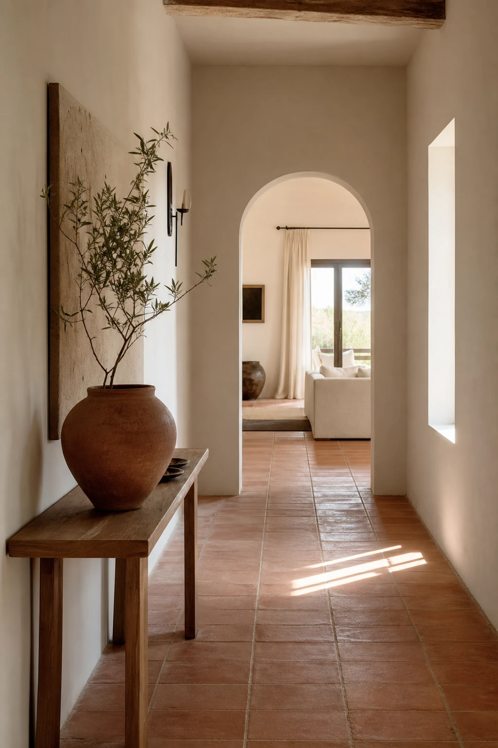 A modern Mediterranean hallway with warm white walls, slim console table, terracotta floor tiles, arched doorway and minimal decor in clean afternoon light