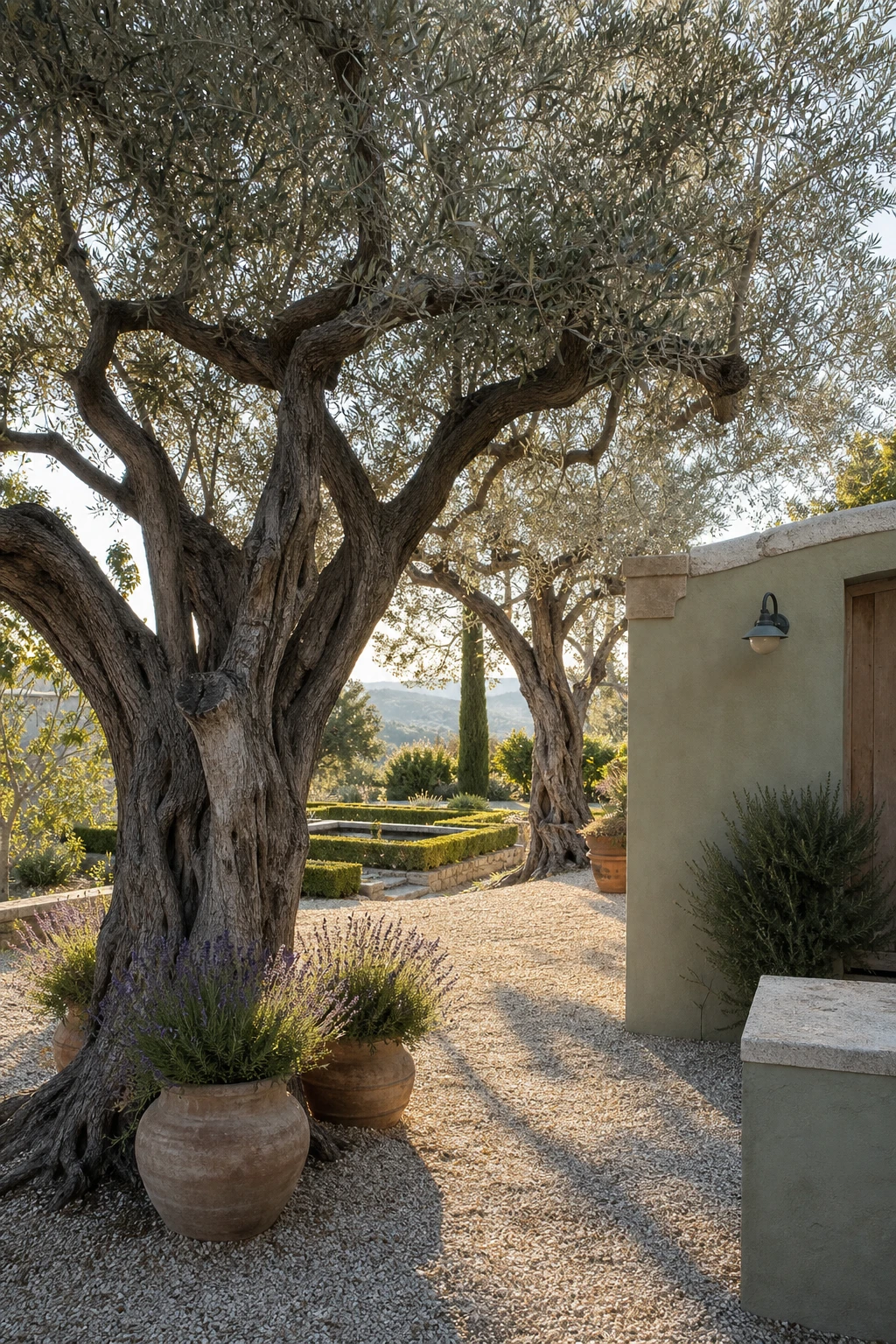 A Provence garden landscape featuring gnarled specimen olive trees as sculptural focal points beside a sage green rendered wall in afternoon light