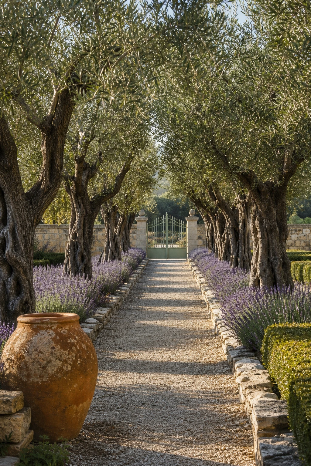 A Provence garden landscape with a formal olive tree allee lining a gravel path, flanked by lavender borders and a sage green painted garden gate in afternoon light