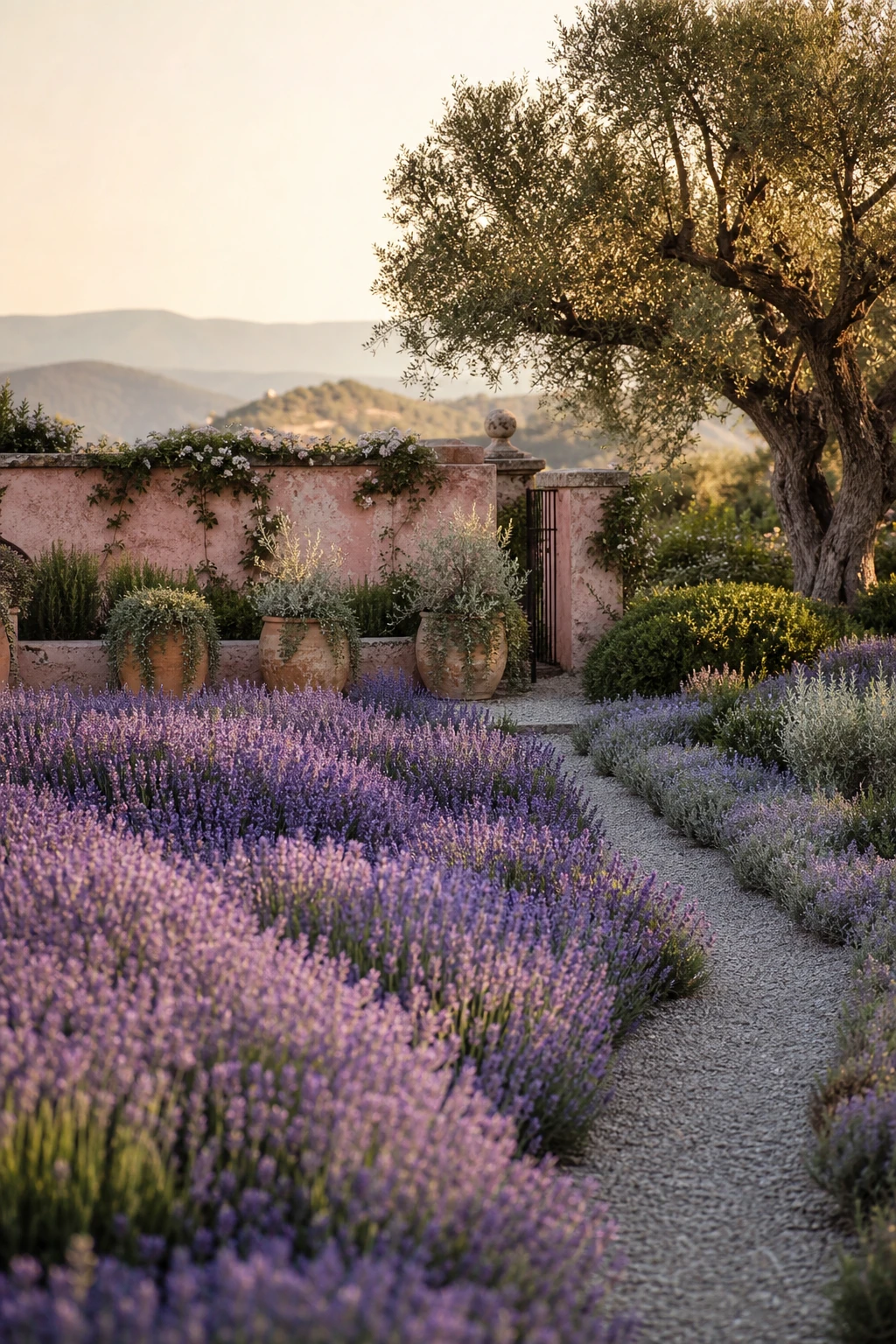 A Provence garden landscape with a lavender inspired colour palette featuring soft purples, dusty pinks and silvery greens in a French watercolour style garden scene