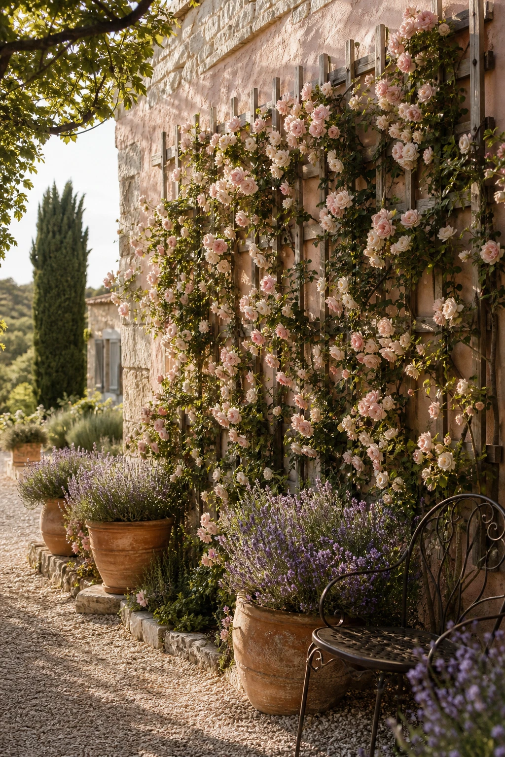 A Provence garden landscape with a rose covered trellis as the hero, climbing blooms softening a stone wall painted in Farrow & Ball Nancys Blushes pink