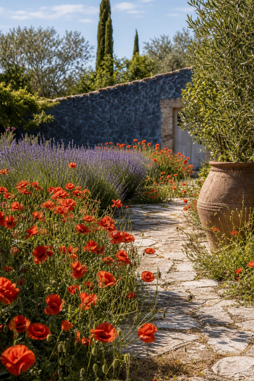 A Provence garden landscape with wild red poppies naturalised across a stone path edge, backed by lavender rows and a garden wall painted Farrow & Ball Blazer red