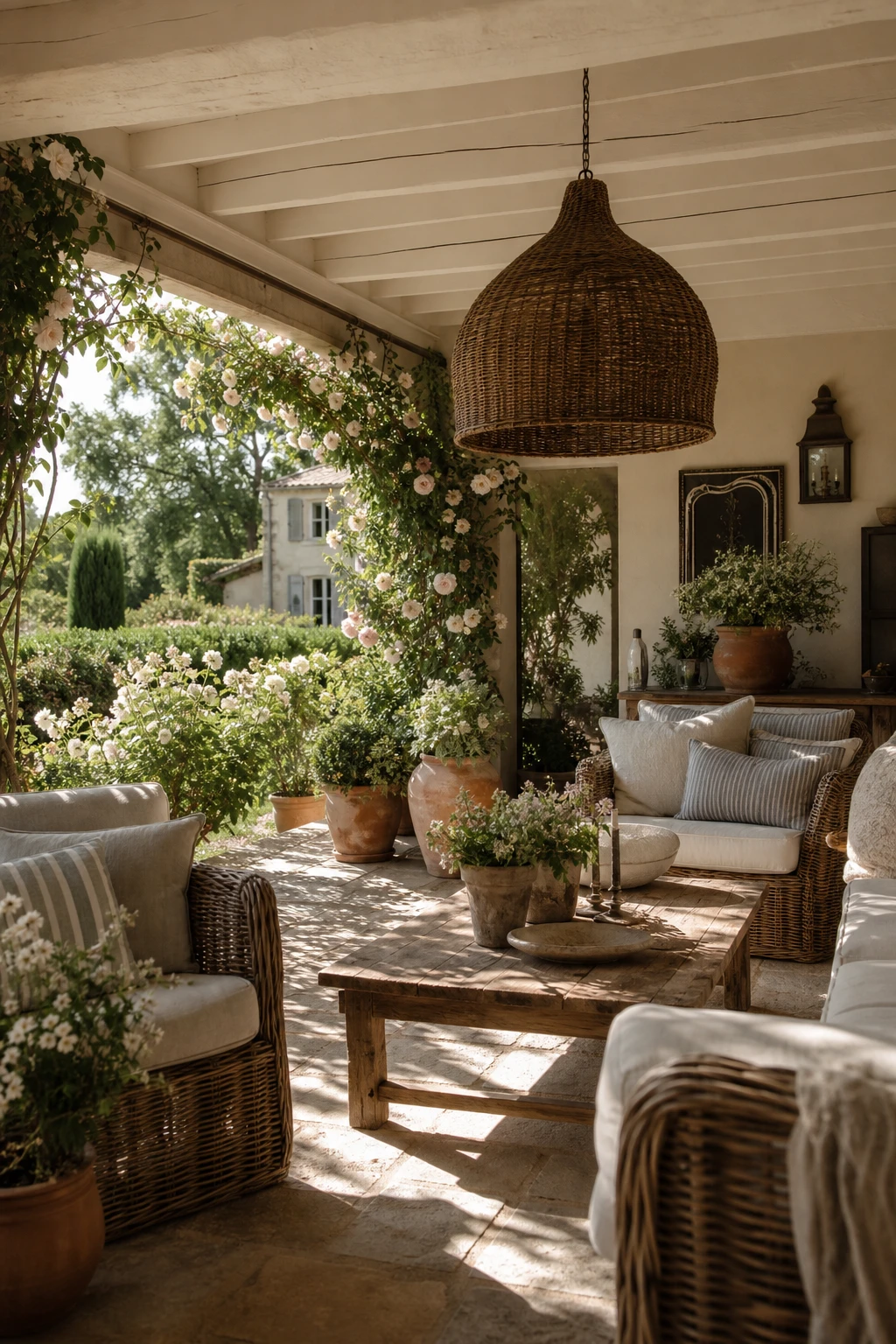 A shaded French country garden porch with deep rattan seating, a woven pendant light, stone floor tiles, and Farrow and Ball Bone painted ceiling and trim