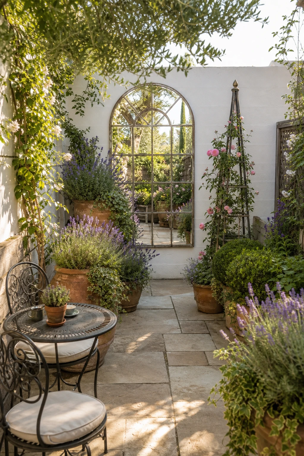 A small English country garden patio styled with mirror trellis, layered planters and pale warm stone pavers to create a spacious illusion