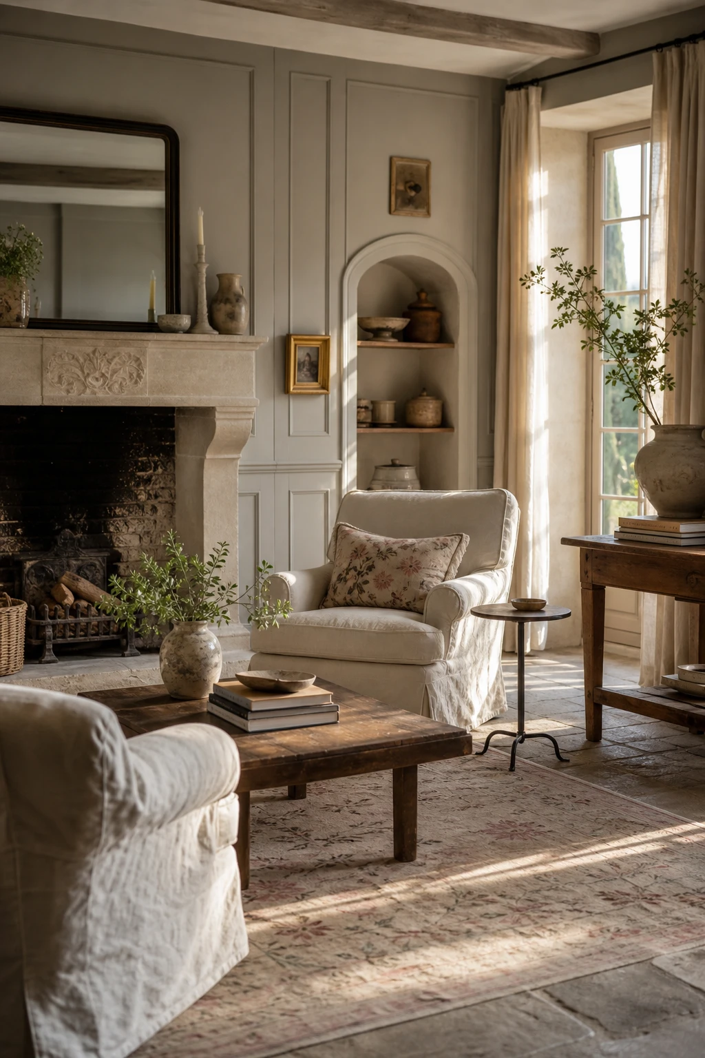 A soft French Country sitting room with sage green panelling in Farrow and Ball French Gray, linen armchairs, stone fireplace, and warm afternoon light through tall casement windows