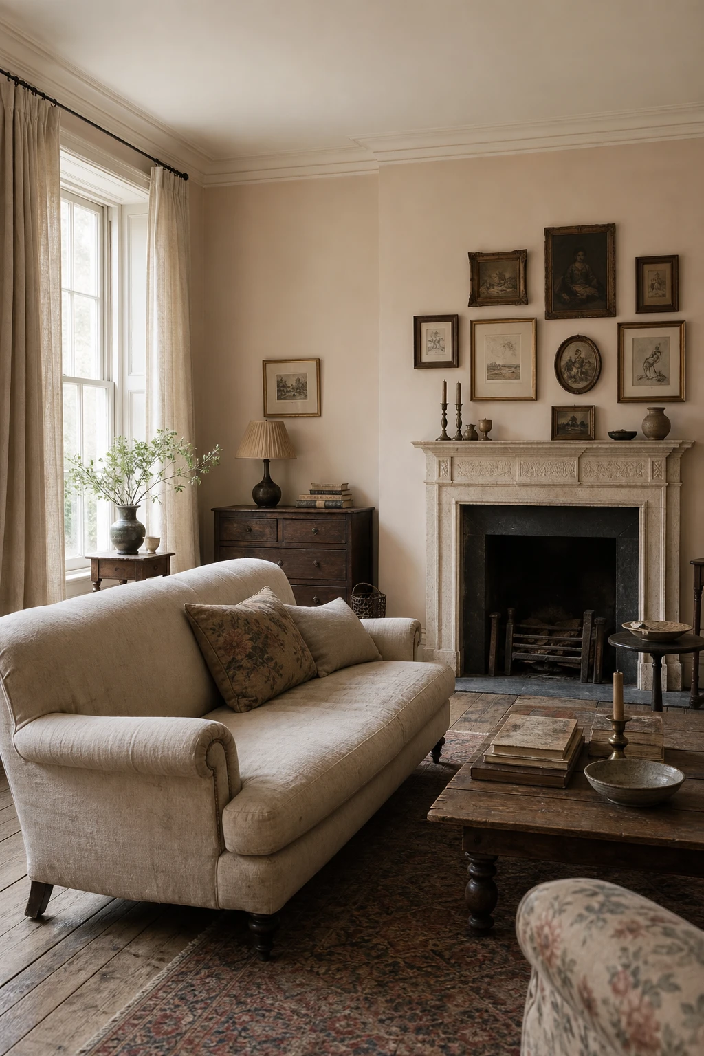 A softly faded English sitting room with muted vintage tones, aged linen upholstery, worn oak floorboards, and Farrow & Ball Dimity painted walls