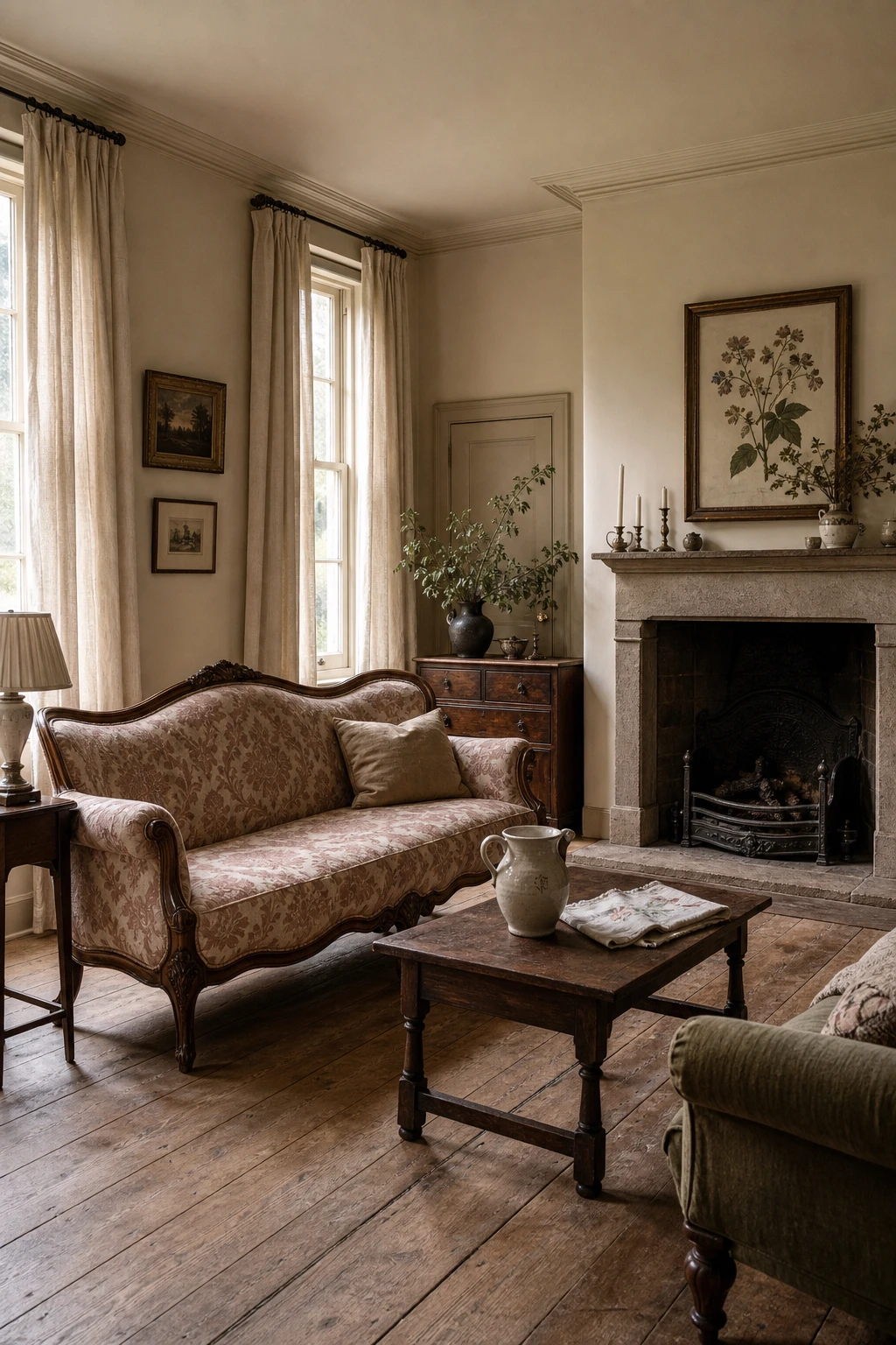 A softly lit English sitting room showcasing an Old English Color Palette with muted 1800s hues, warm textiles, aged wood furniture, and Farrow & Ball Drop Cloth walls
