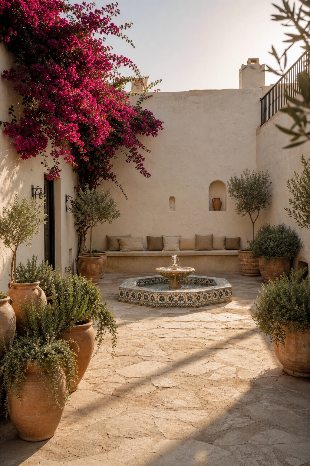 A sun drenched enclosed Mediterranean courtyard garden with whitewashed render walls, terracotta pots, climbing bougainvillea and a mosaic tile fountain