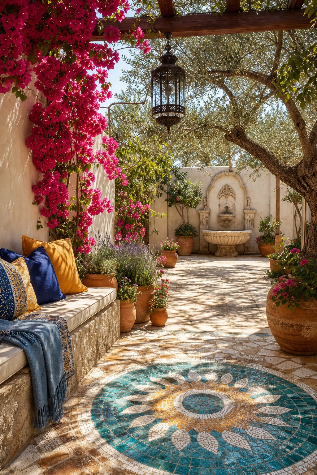 A sunlit Mediterranean courtyard garden with vibrant bougainvillea, terracotta pots, mosaic tiles, and Farrow and Ball Au Lait painted rendered walls