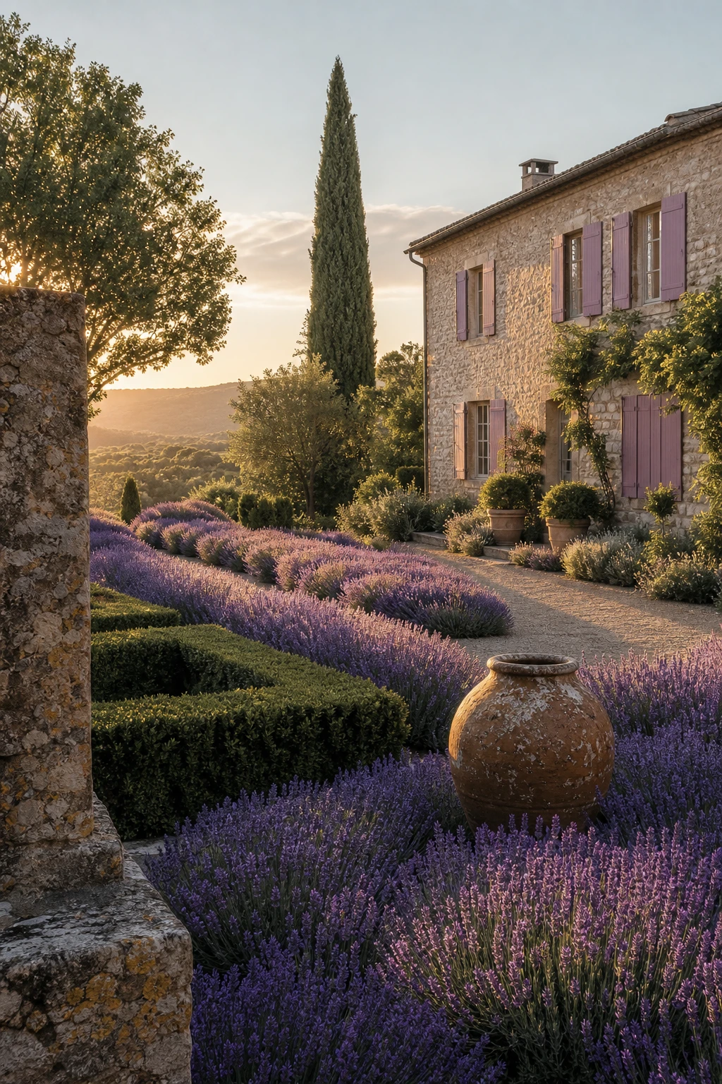 A sweeping Provence garden landscape with lavender drifts in full bloom flowing toward a stone farmhouse facade painted Farrow and Ball Calluna