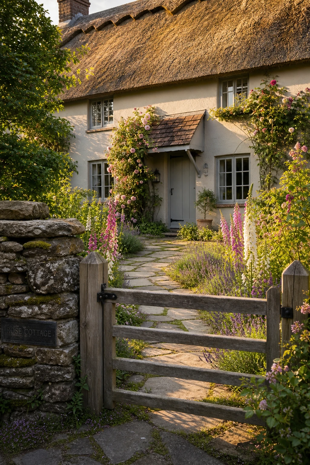A thatched English cottage exterior with a winding stone entrance path leading to a timber front door, flanked by cottage garden planting, warm afternoon light.