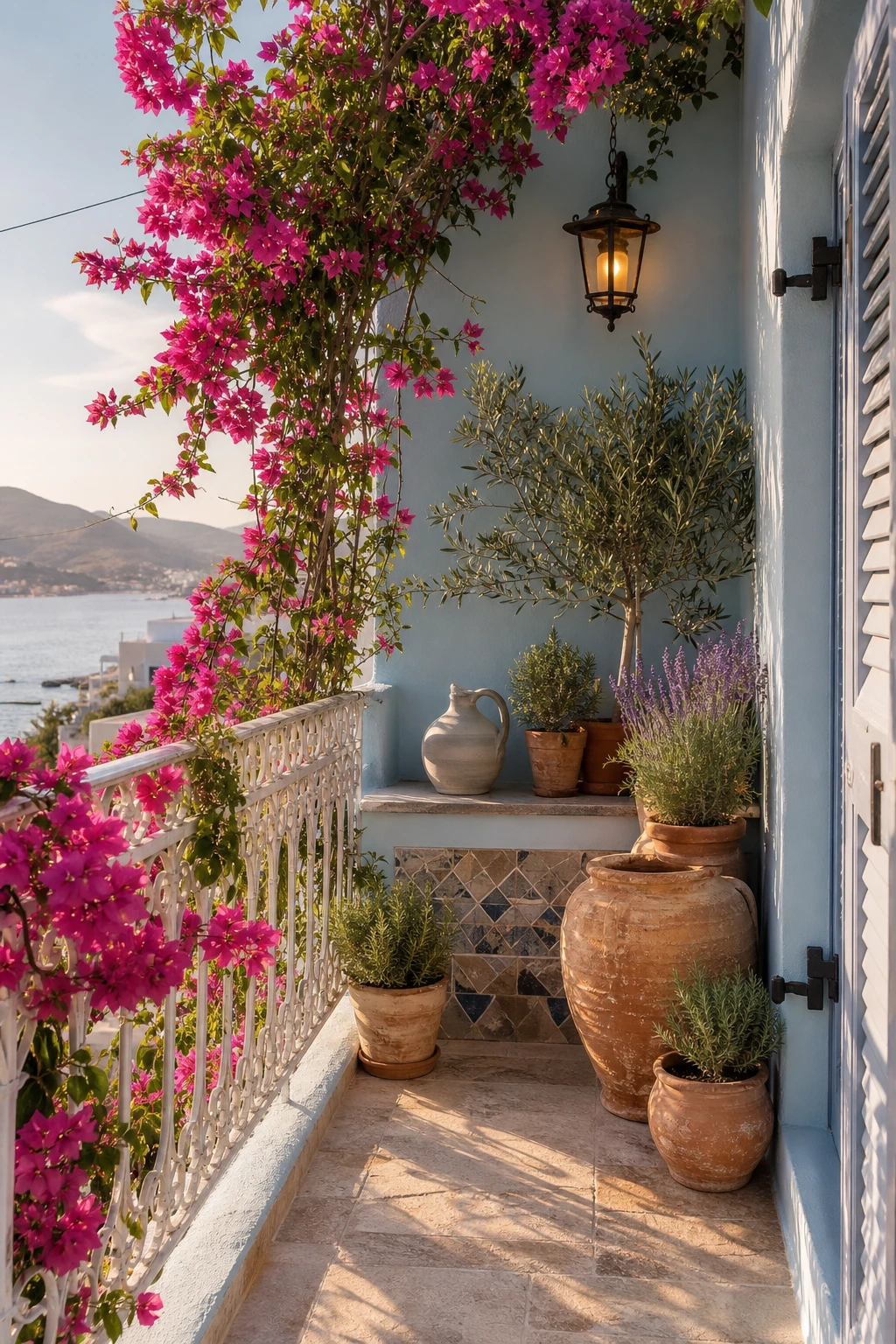 A tiny Mediterranean Greek style garden balcony with white rendered railings, terracotta pots, climbing vines and Farrow & Ball Skylight painted walls in soft blue