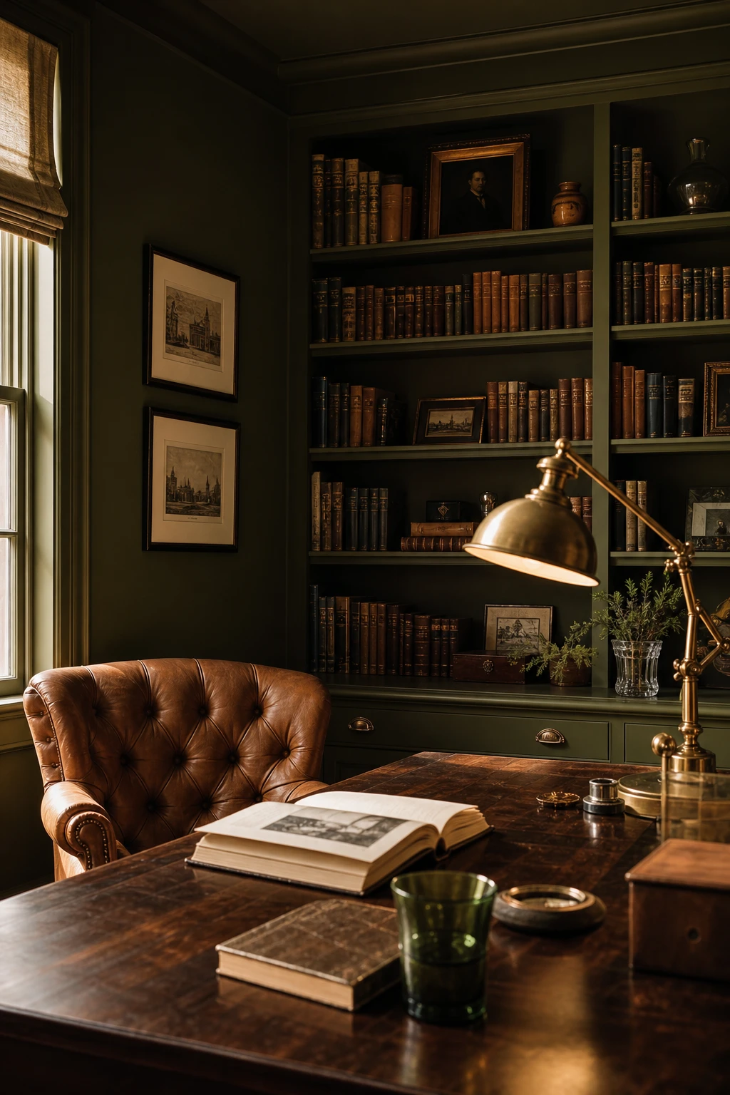 A warm dark green English study with Farrow and Ball Monkey Puzzle painted walls, brass fittings, aged leather armchair, and amber afternoon light