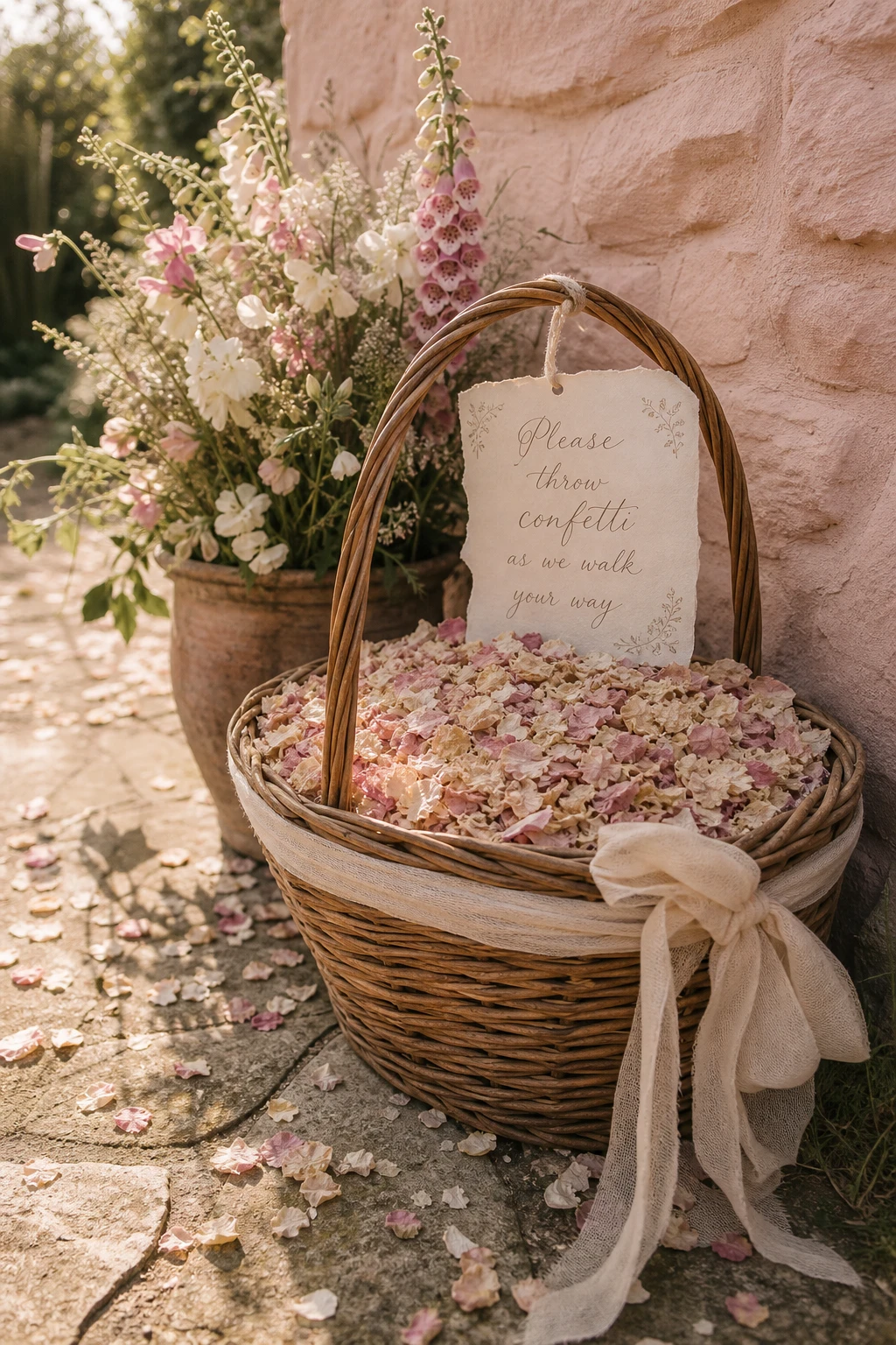 A wicker basket filled with dried rose petal confetti at an English country garden wedding, styled with soft pink Calamine painted details and lush floral surroundings.