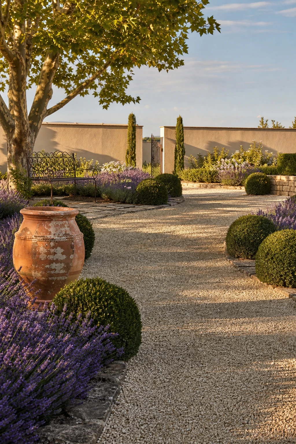 A winding Provence garden gravel path flanked by lavender and clipped boxwood leading to a stone wall painted Oxford Stone in warm afternoon light