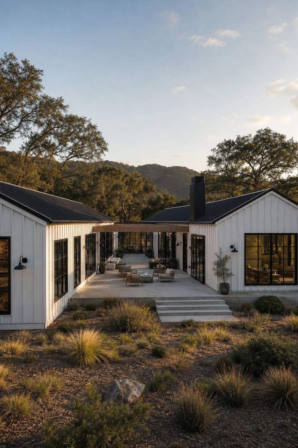 Aerial angle view of a black and white modern ranch exterior with an L shaped floor plan forming a sheltered courtyard, painted in Farrow & Ball Cornforth White