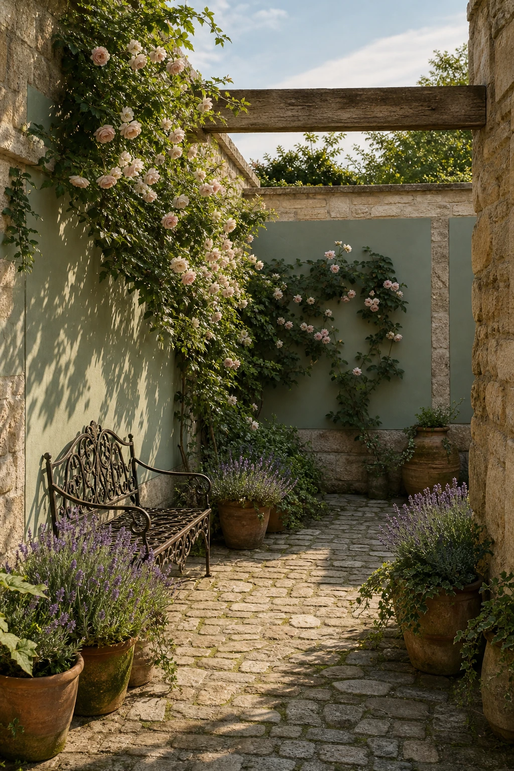 An enclosed English country garden patio courtyard with climbing roses, weathered stone walls painted Mizzle sage green, terracotta pots and a wrought iron bench in soft afternoon light.