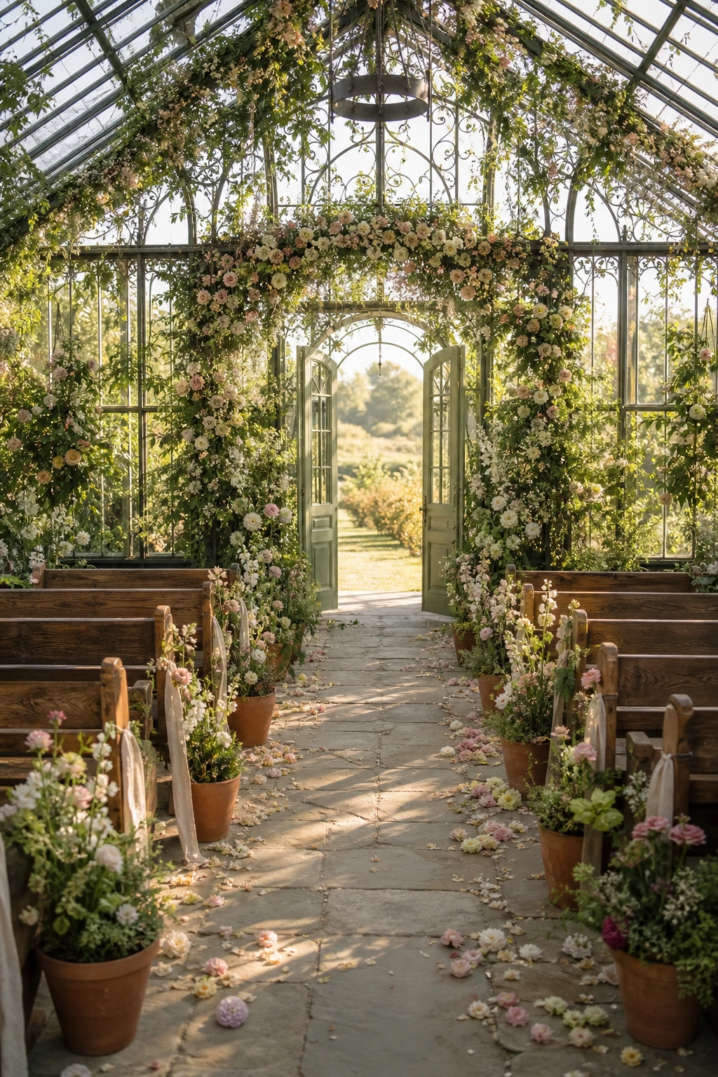 An English country garden greenhouse ceremony space with wrought iron frames, floral arches, wooden benches and Cooking Apple Green painted doors open to a meadow beyond