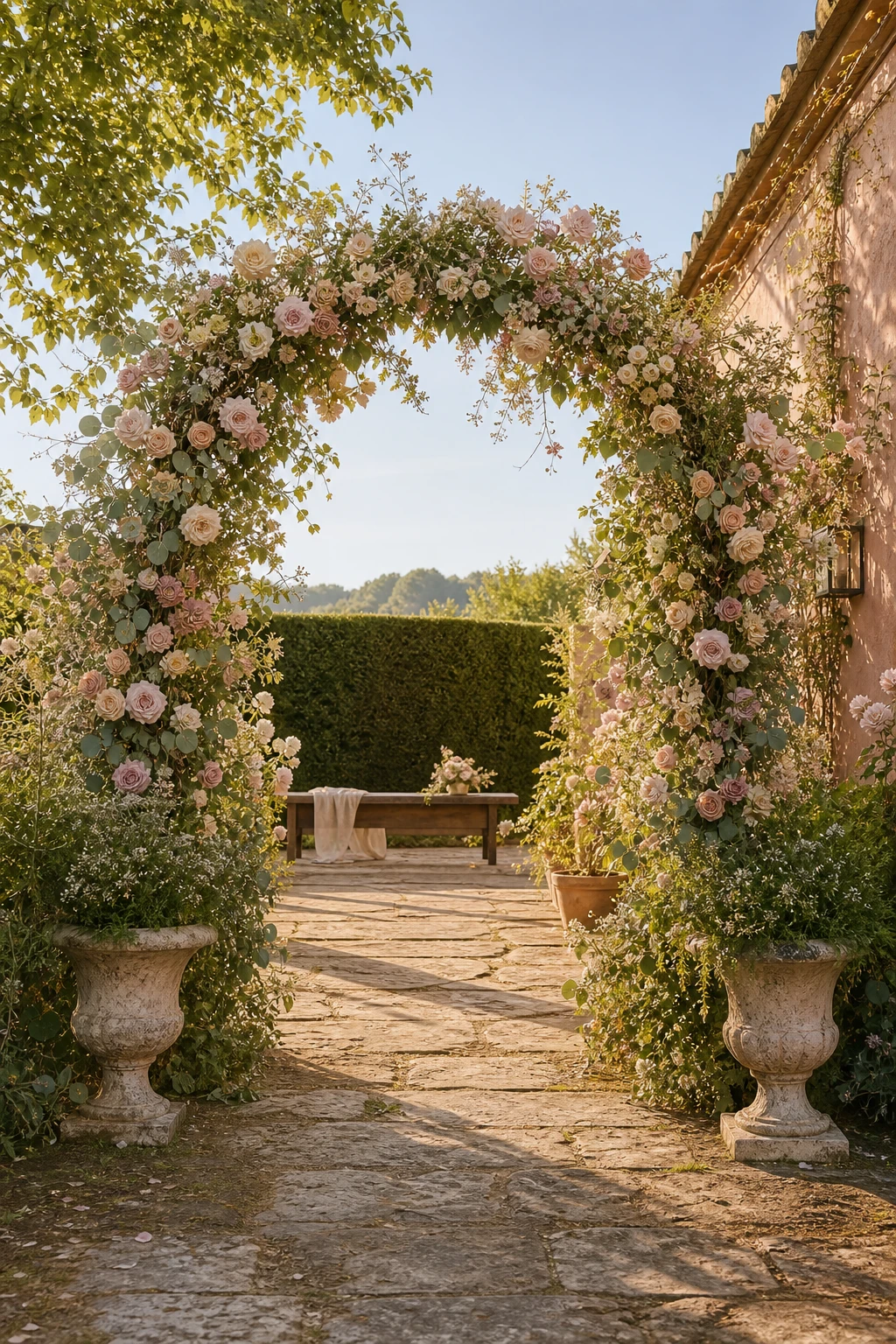 An English country garden wedding floral arch framing a stone path, lush with garden roses and trailing greenery in soft afternoon light