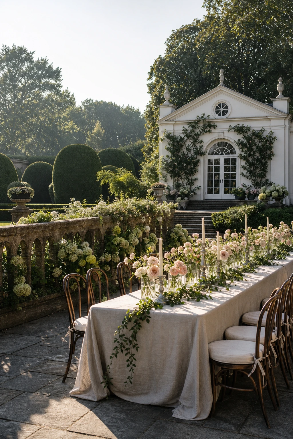 An English country garden wedding tableau showing old money elegance with a linen draped table, aged stone balustrade, topiary and Shadow White painted garden pavilion