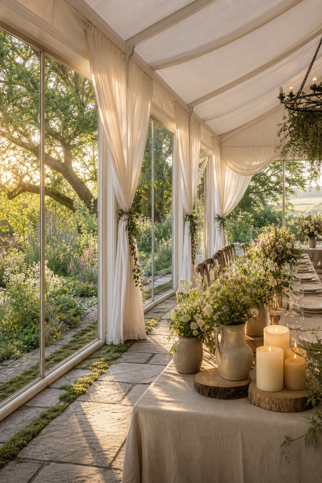 An English country garden wedding tent with large clear windows framing lush garden views, ivory drapes, floral garlands, and warm candlelight inside