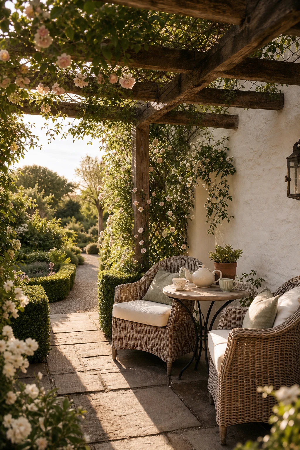 An intimate English country garden patio breakfast nook with a bistro table, wicker chairs, climbing roses and warm morning light on Farrow & Ball Lime White painted garden wall