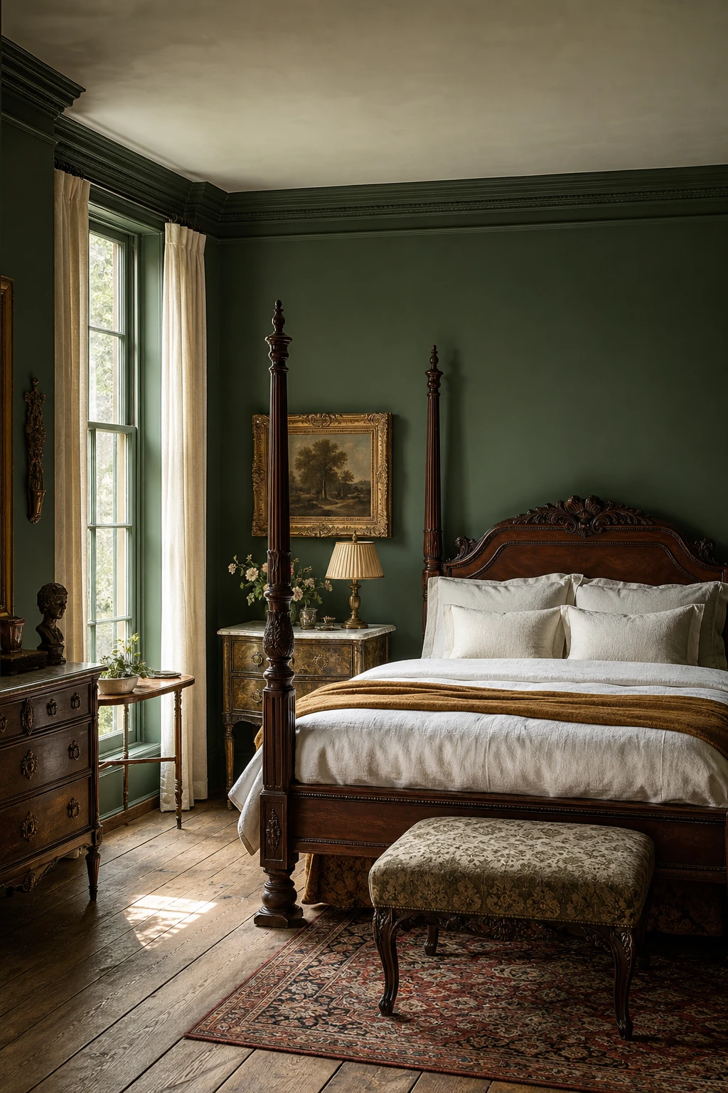 Antique bedroom with deep green walls in English style, featuring carved wooden bed, aged brass fittings, linen bedding, and tall sash windows with soft morning light