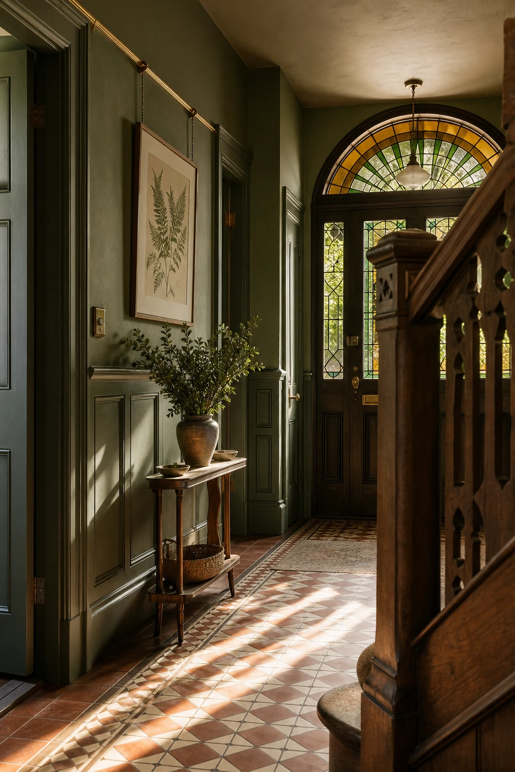 Arts and Crafts hallway painted in Farrow and Ball Churlish Green with original geometric floor tiles, dark timber staircase, and stained glass fanlight
