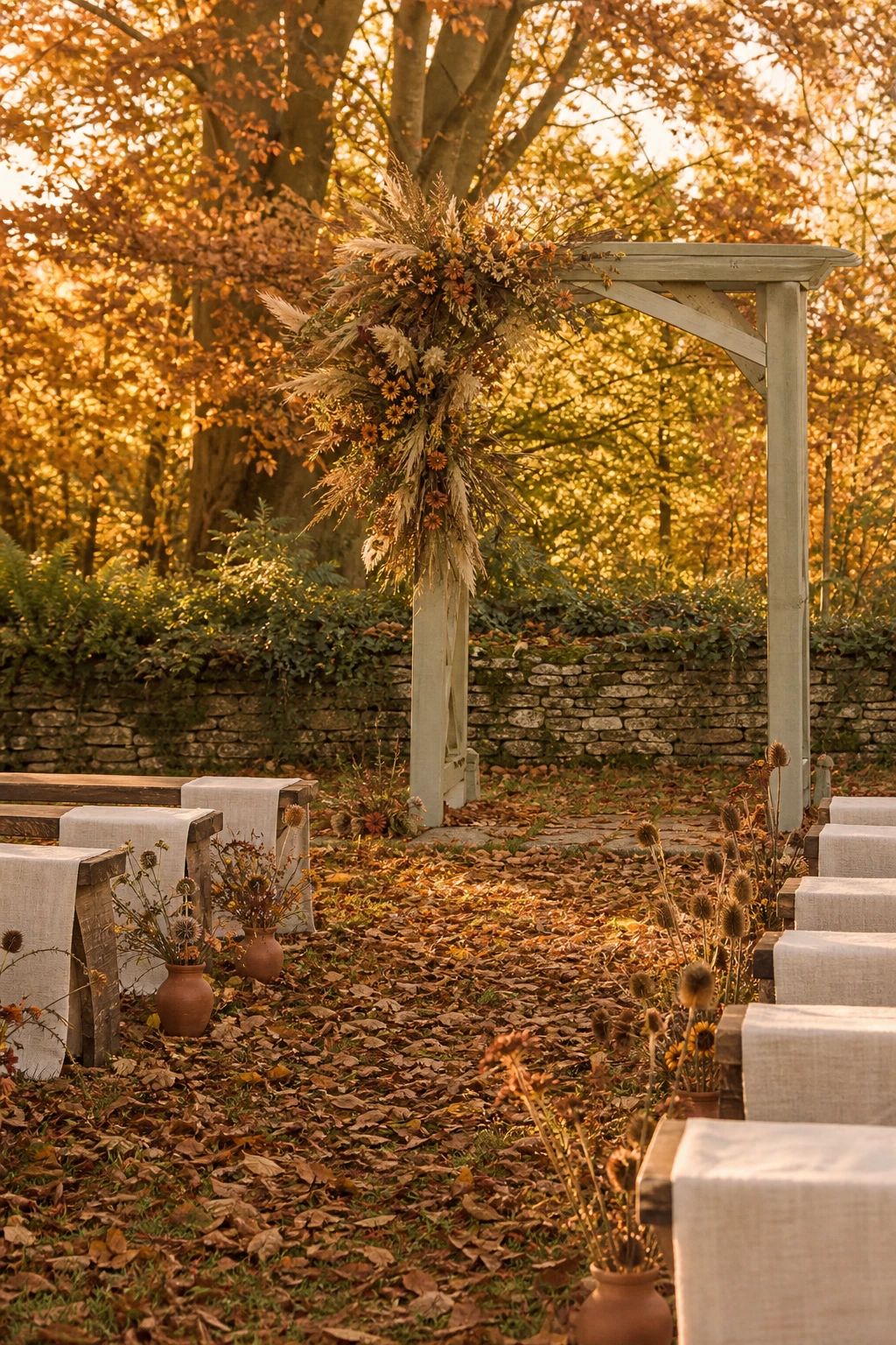 Autumn wildflower wedding display in an English country garden with warm golden tones, dried seed heads, and Farrow & Ball Hay painted wooden arbour