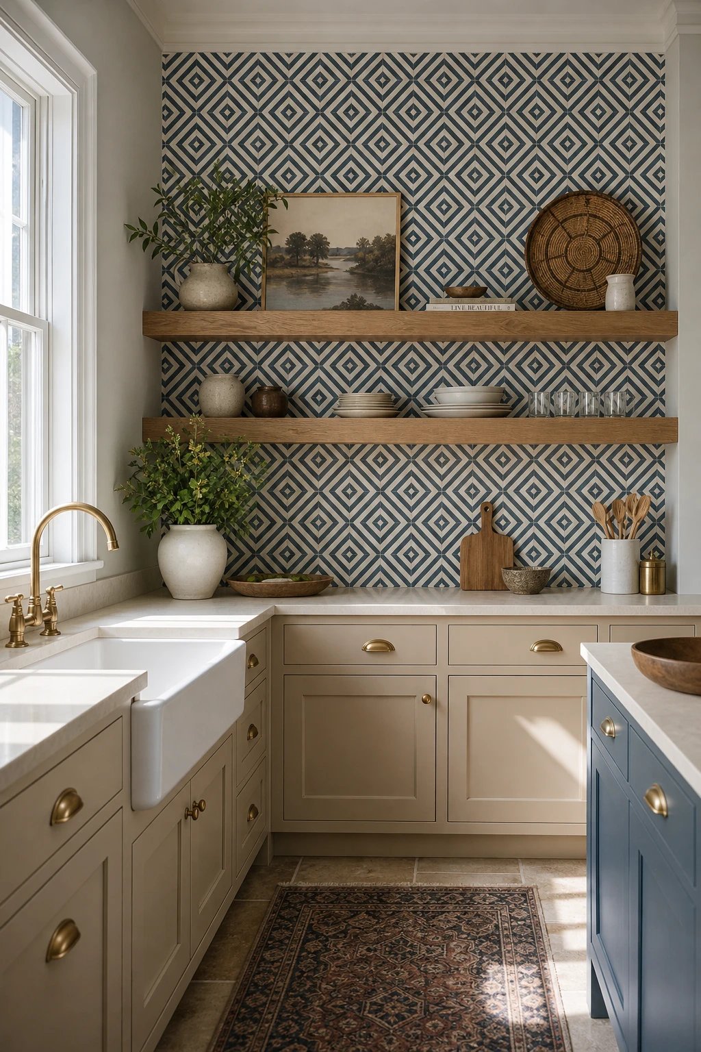 Beige kitchen with blue and white geometric wallpaper as a feature wall behind open shelves, beige lower cabinets, and Farrow and Ball Graupel painted upper walls