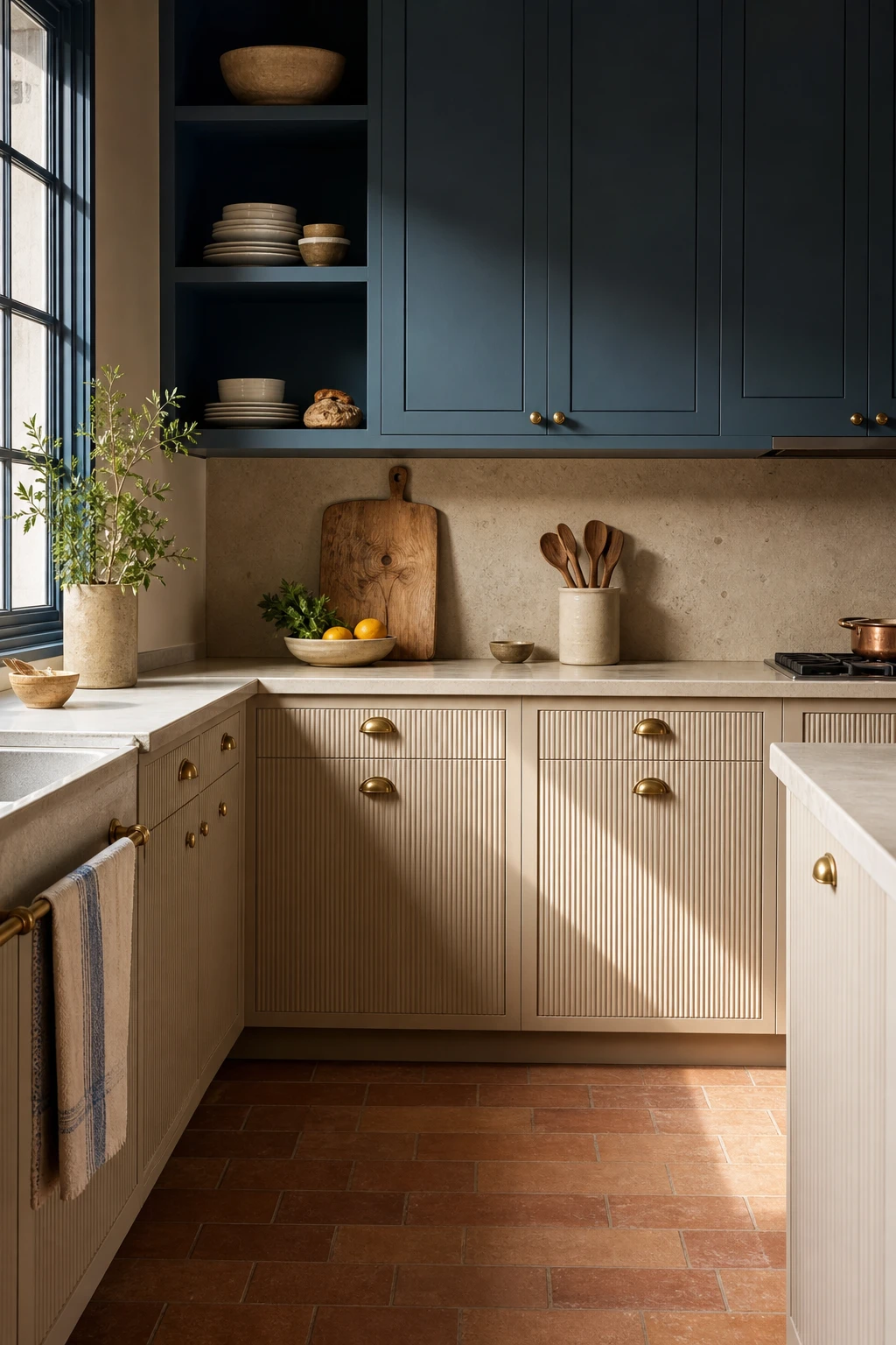 Beige kitchen with ribbed blue cabinet doors as the hero texture, paired with warm stone countertops and brass hardware under soft morning light