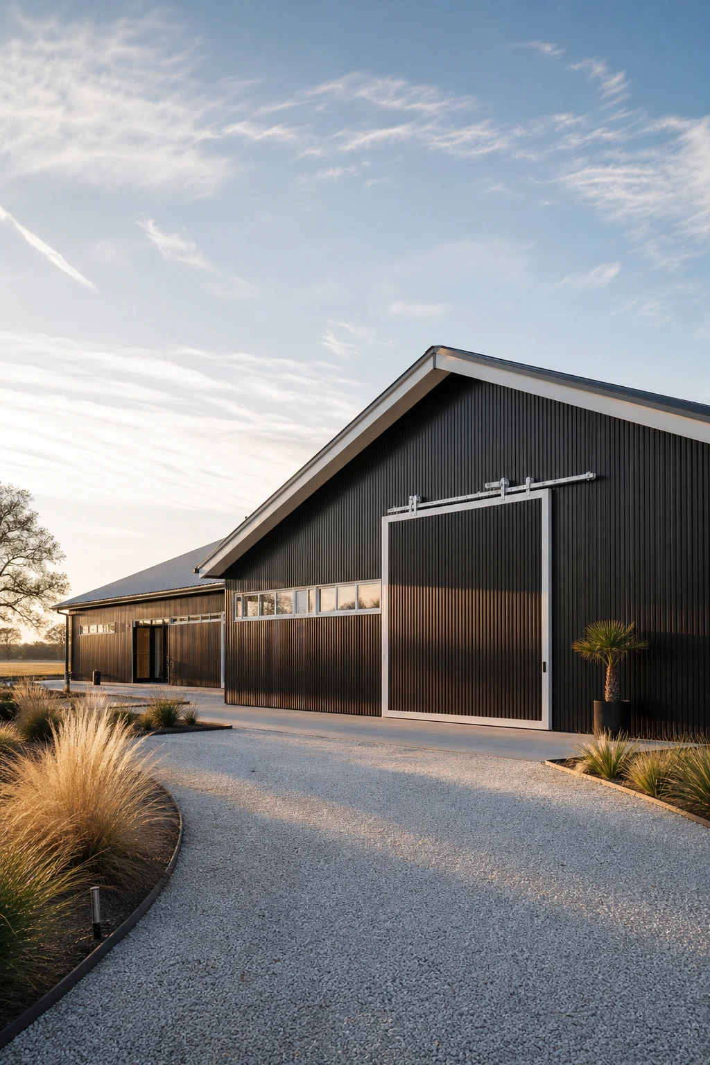 Black And White Modern Ranch Exterior featuring a steel barndominium shell painted Pitch Black with crisp white trim, metal roof, and wide open span facade in natural light