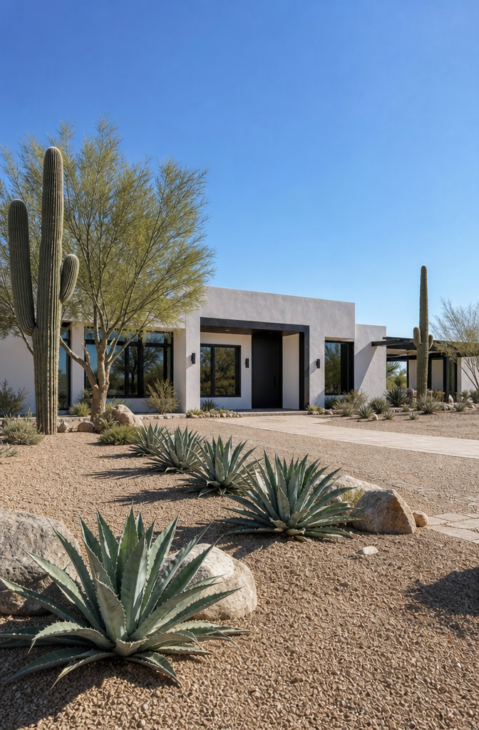 Black and white modern ranch exterior in a desert setting with white stucco walls, black steel details, and drought tolerant landscaping under bright midday sun