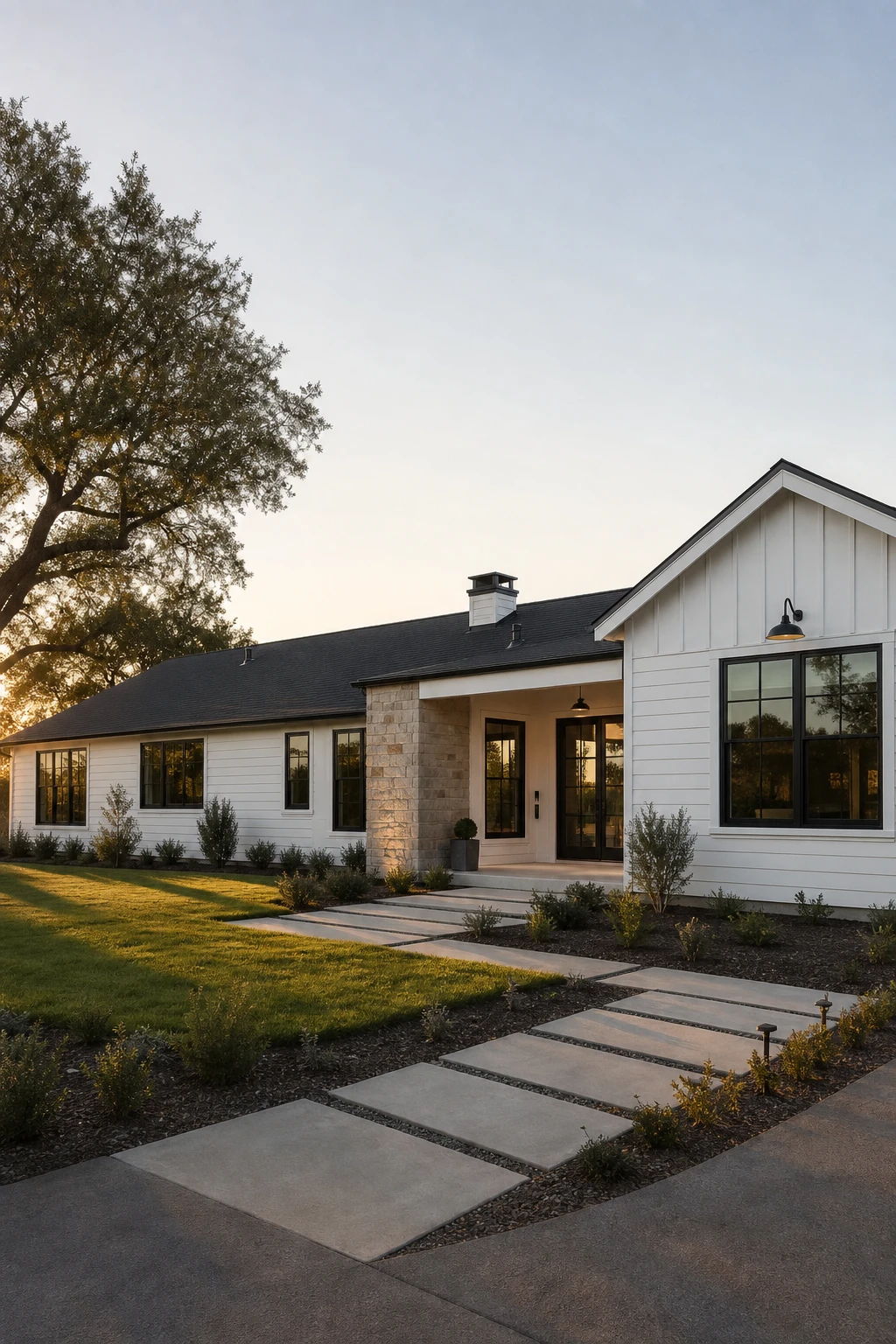 Black and white modern ranch exterior in transitional style with shiplap siding, stone accents, black hardware, and Farrow and Ball Shaded White painted facade under warm afternoon light