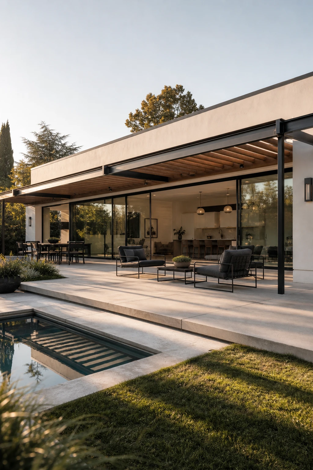 Black and white modern ranch exterior rear view with outdoor patio featuring black steel furniture, white concrete pavers, and Shadow White painted walls under afternoon light