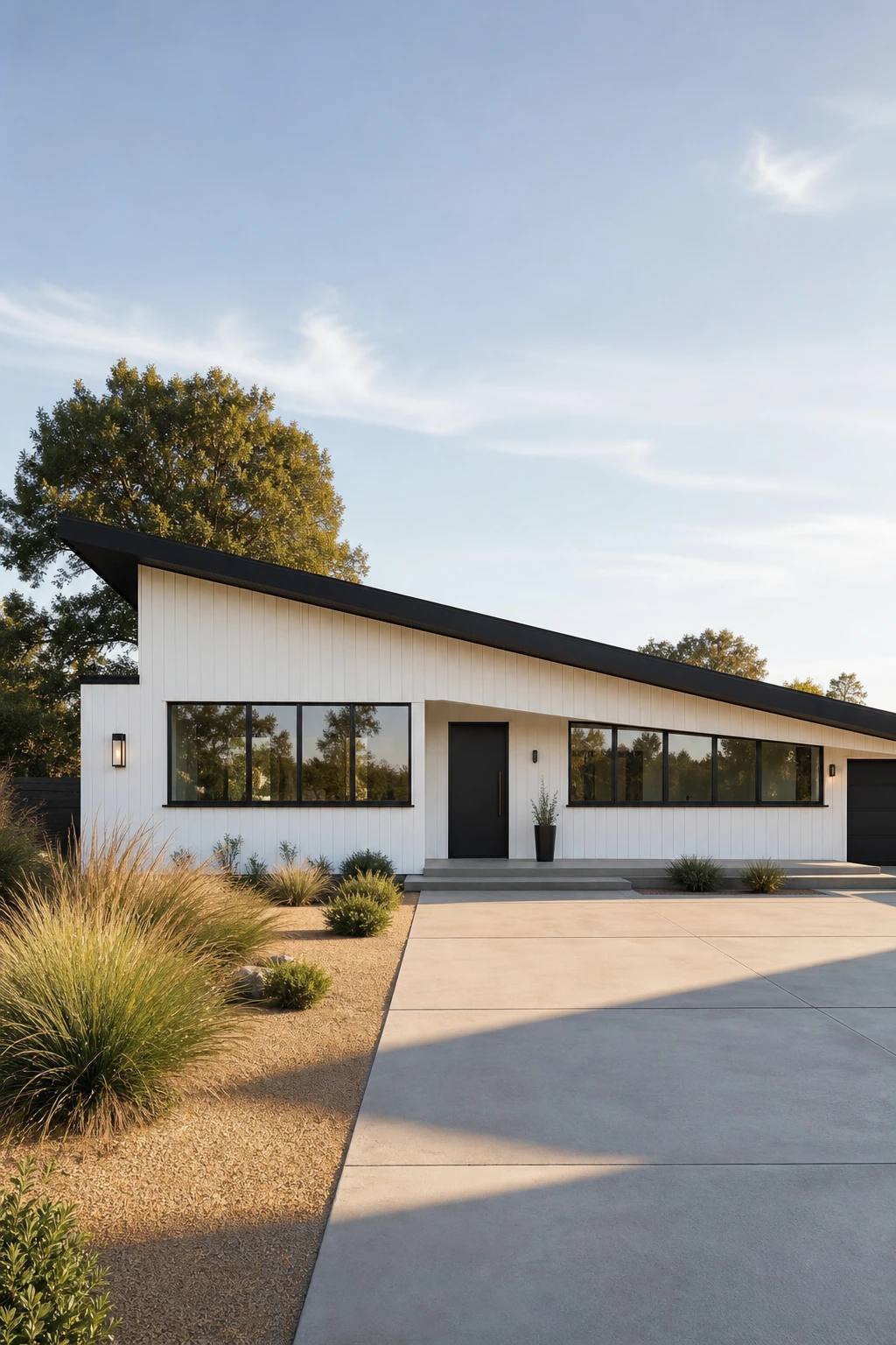Black and white modern ranch exterior with a bold shed roofline as hero, dark grey Railings painted fascia, white board and batten siding, black windows and a concrete driveway under afternoon light