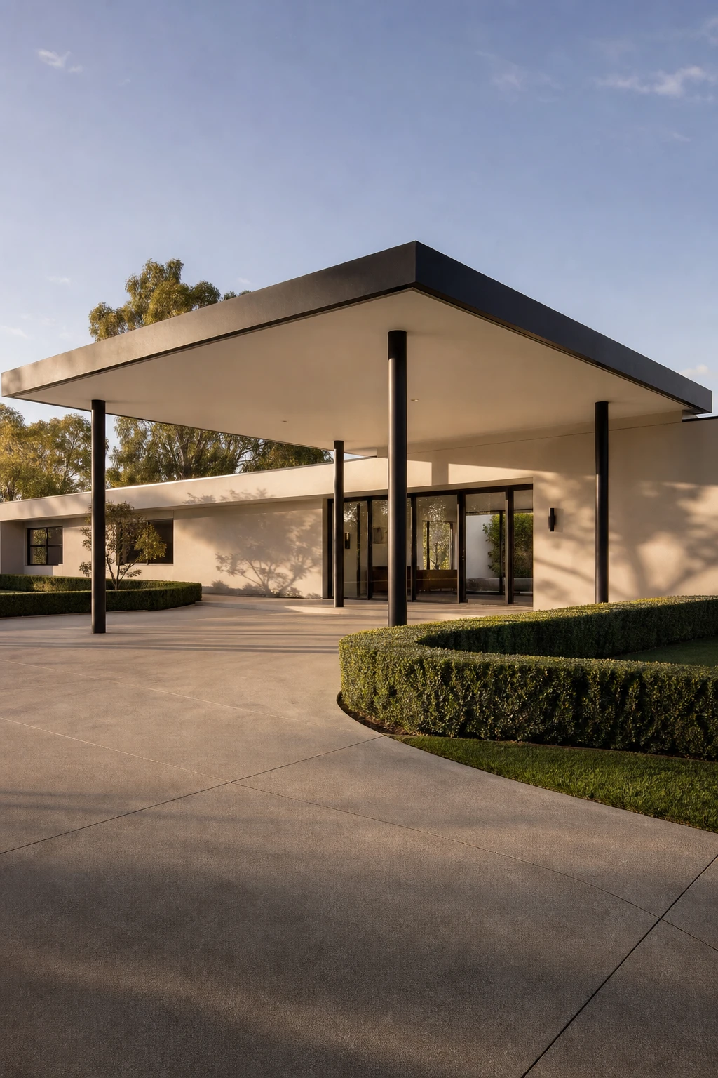 Black and white modern ranch exterior with a mid century porte cochere as hero, flat canopy roof, black steel columns, warm neutral rendered walls in Farrow and Ball Elephants Breath, concrete driveway apron