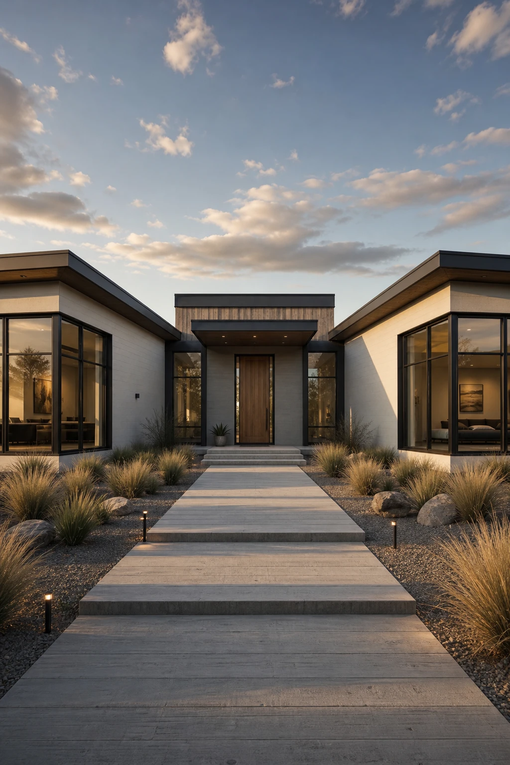 Black and white modern ranch exterior with angled side wings, Farrow and Ball Blackened facades, black windows, a central entry, and long shadow lines in afternoon light