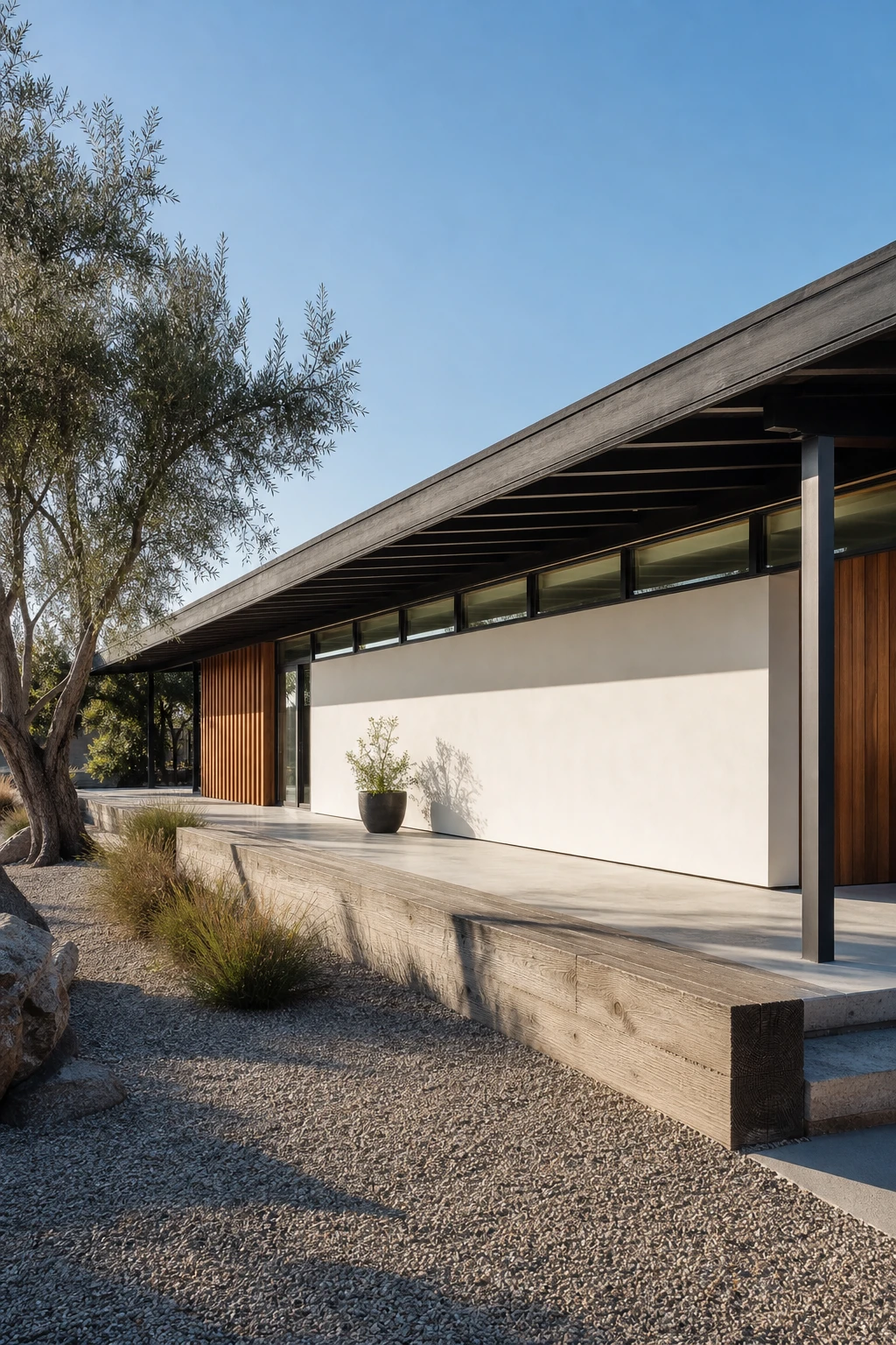 Black and white modern ranch exterior with mid century lines, broad overhanging eaves, clerestory windows, and low pitched roofline painted in Farrow and Ball Wevet