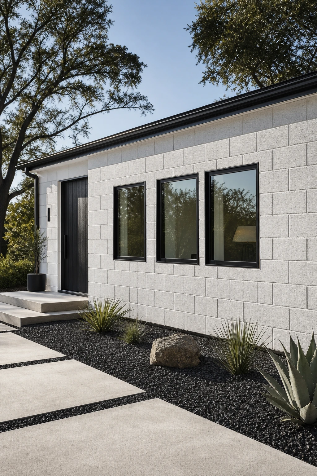 Black and white modern ranch exterior with painted cinderblock facade in Farrow and Ball Strong White showing raw block texture against black window frames and dark trim
