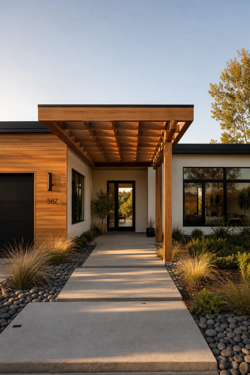 Black and white modern ranch exterior with warm wood accents at the entry pergola and garage fascia, painted in Farrow and Ball Old White