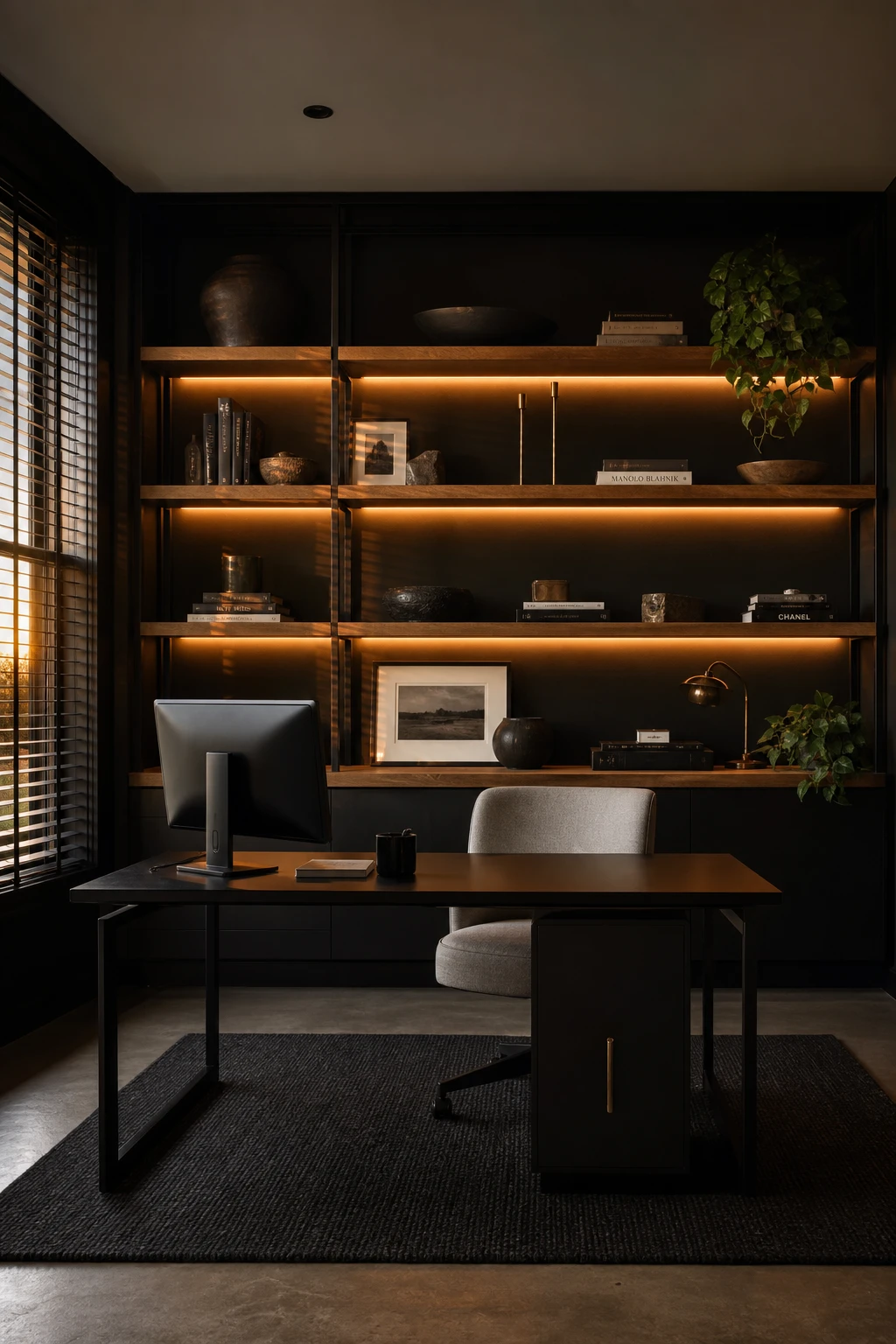 Black minimalist home office at dusk with an LED lit bookshelf as the focal point, warm strip lighting glowing behind curated objects on matte black shelves