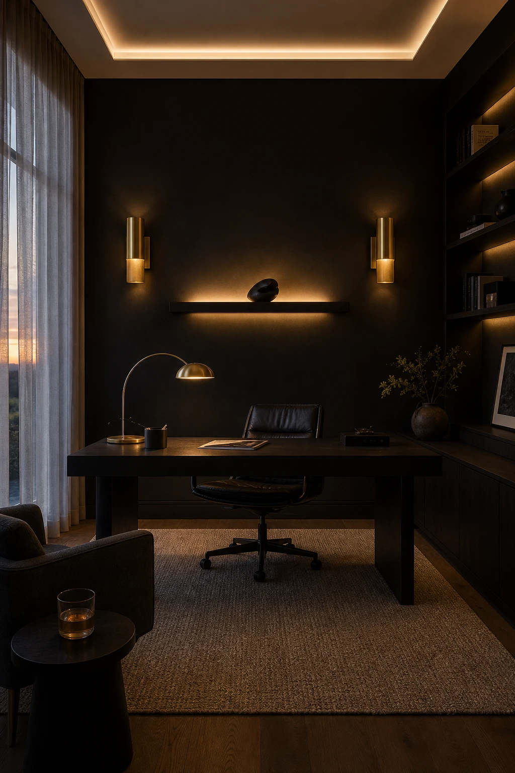 Black minimalist home office at dusk with layered ambient glow from wall sconces, a backlit shelf, and a warm desk lamp beside a matte black writing desk