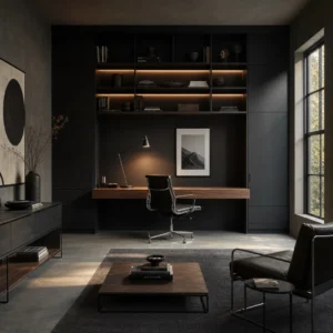 Black minimalist home office with a full height matte black wall unit, integrated floating walnut desk, open shelving with warm LED strips, charcoal walls, and a concrete floor in soft late afternoon light.