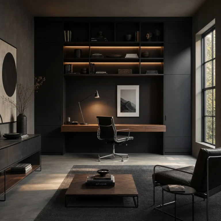 Black minimalist home office with a full height matte black wall unit, integrated floating walnut desk, open shelving with warm LED strips, charcoal walls, and a concrete floor in soft late afternoon light.